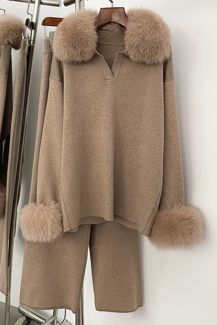 Velora Real Fox Fur Knit Lounge Set - Fur Cuff Edition