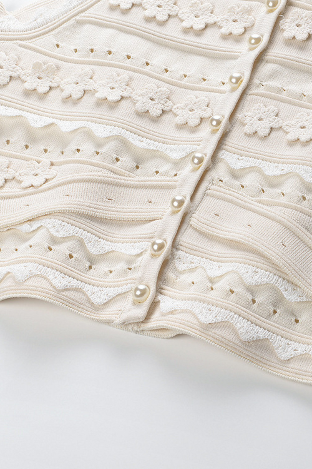 Lily – Pearl Button Floral Knit Ruffle Skirt Viscose Set In Beige