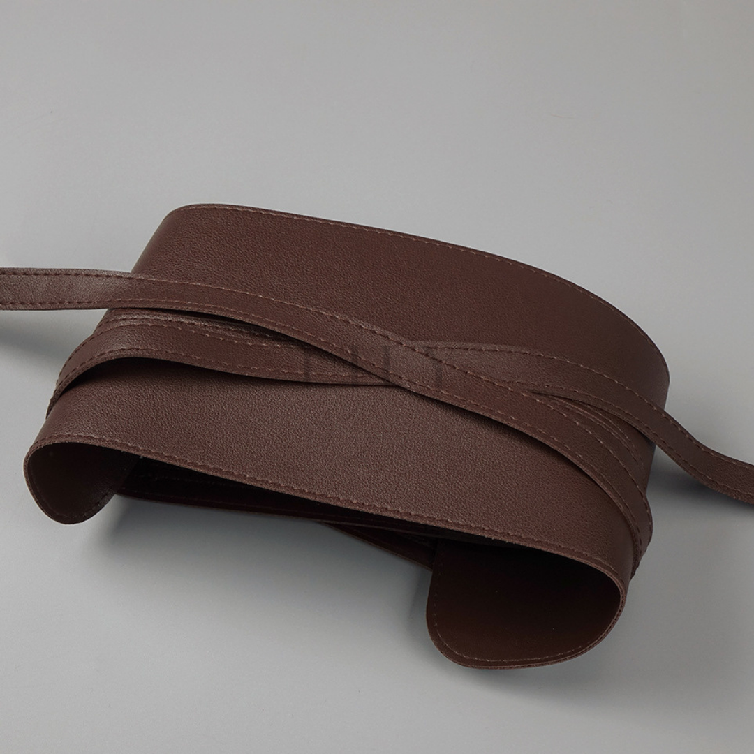 Deep V Neck Cinched Leather Waist Maxi Dress