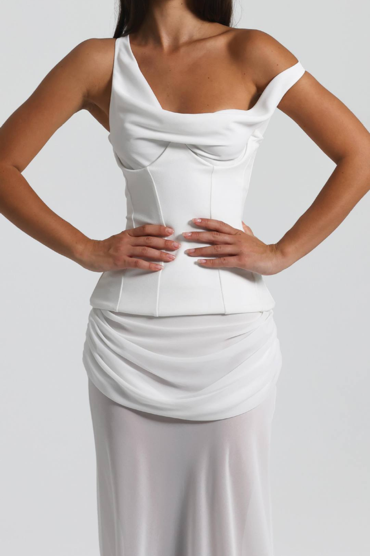 Skyla Sheer Drape Off SHoulder Maxi Dress