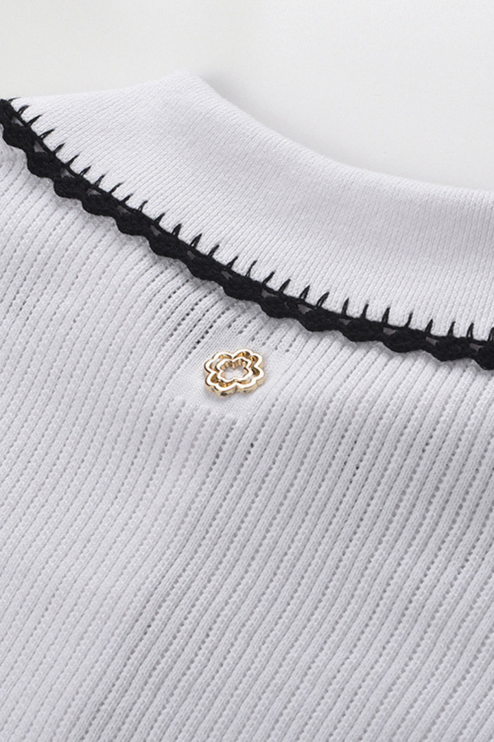 Contrast Lace Trim Viscose  Knit Polo Top