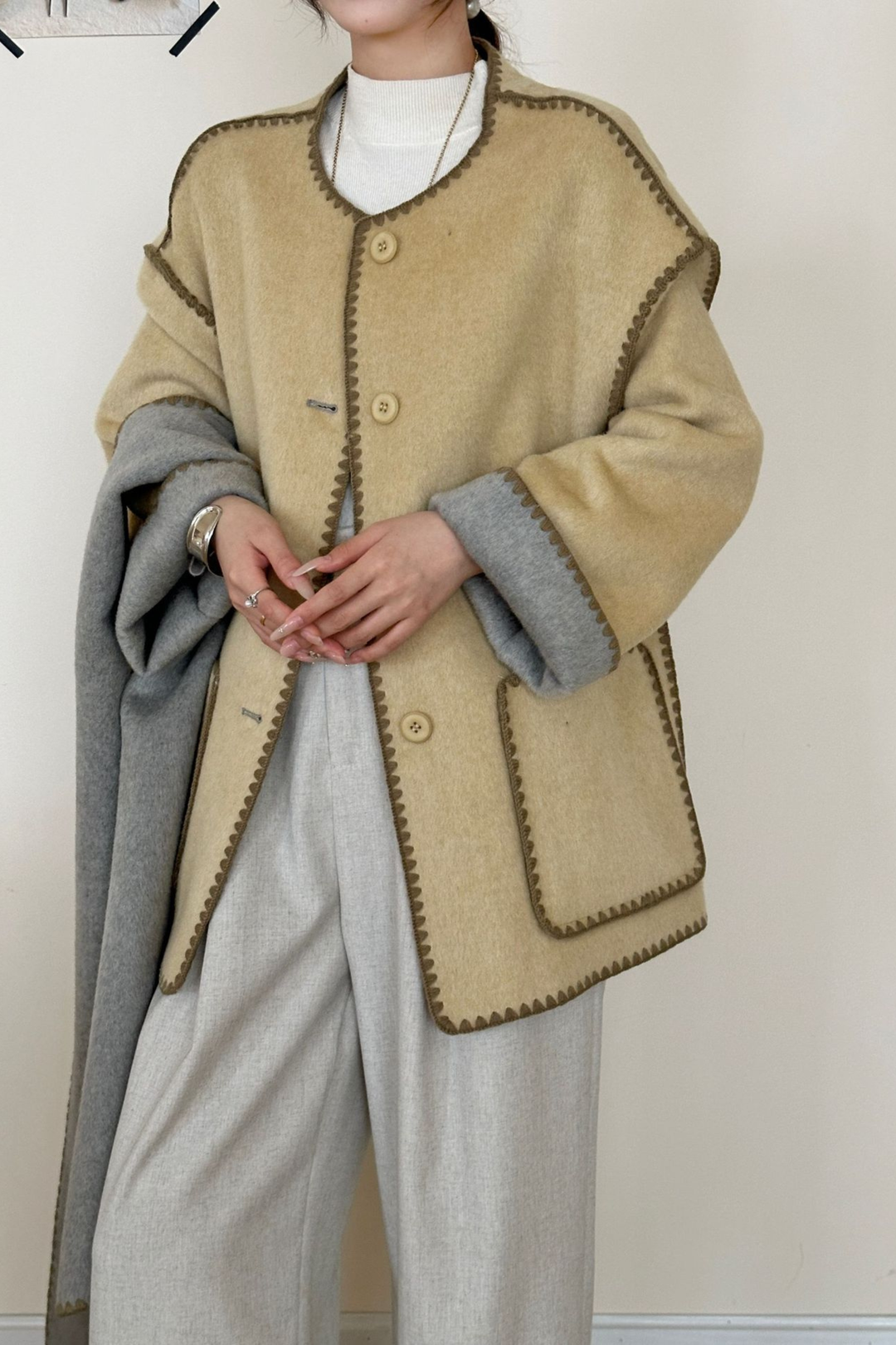 Angelic Soft Stitch Coat Scarf Cardigan - Sky Ivory