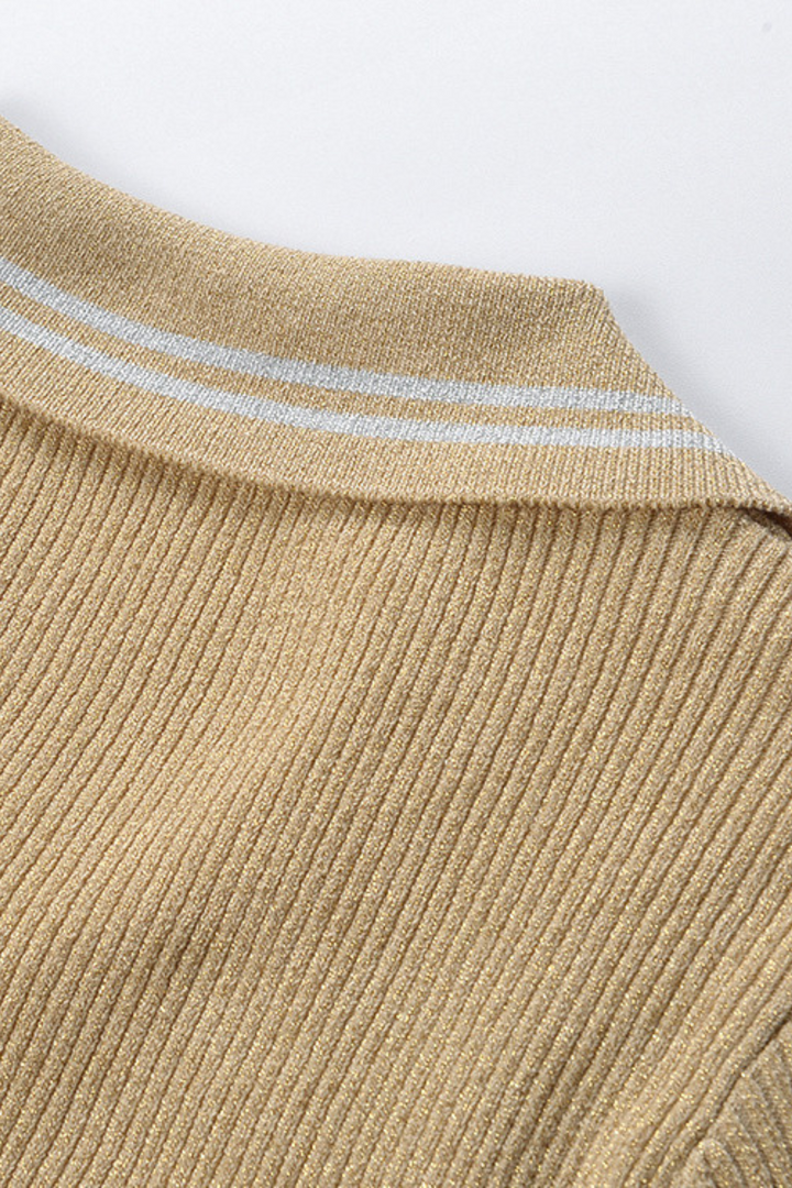 Lily – Golden Sand Polo Collar Pleated Viscose  Knit Maxi Dress