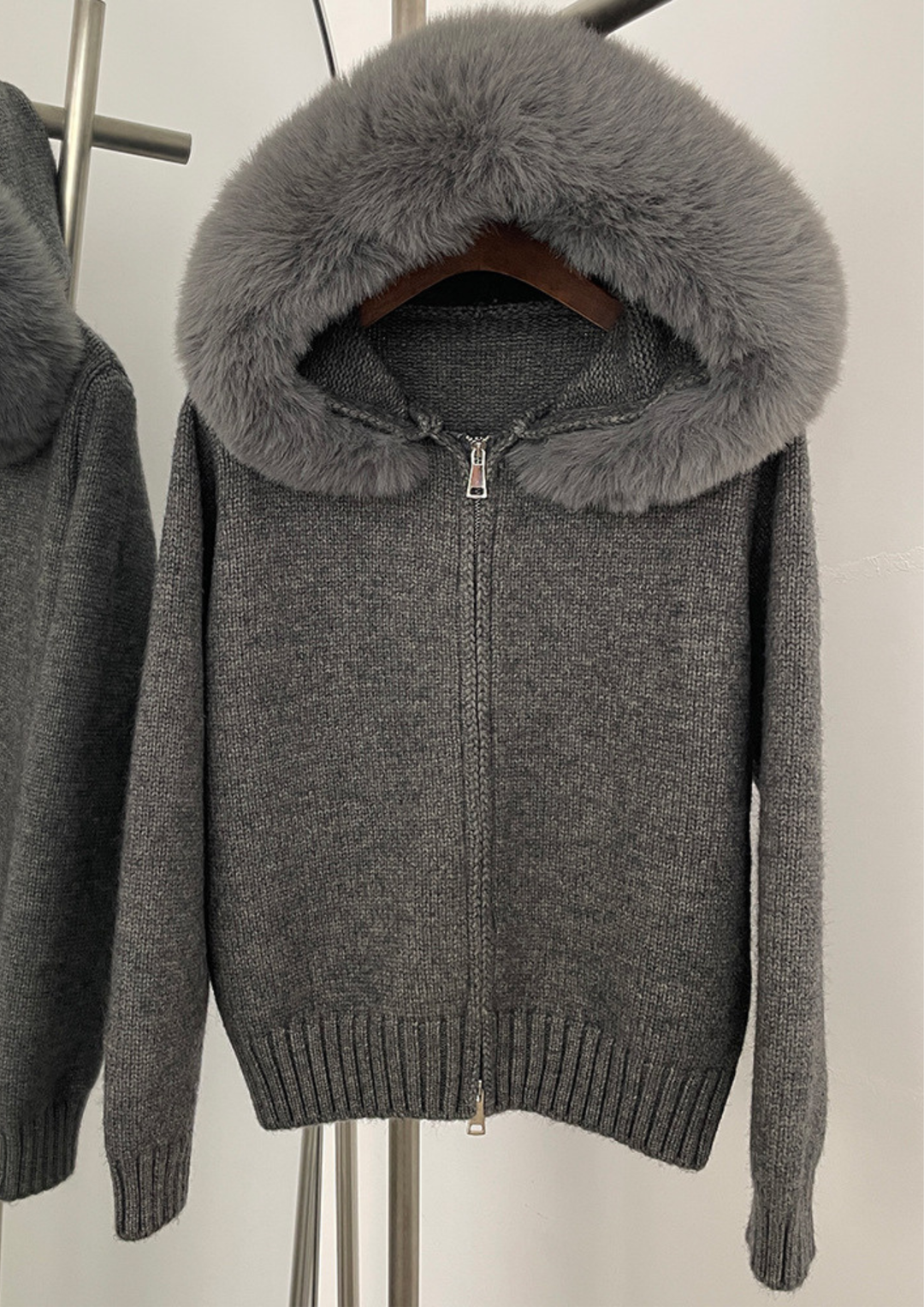 Fox Fur Collar Soft Wool Hooded jacket Top
