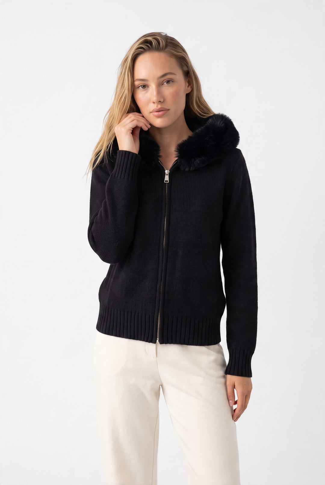 Fox Fur Collar Soft Wool Hooded jacket Top