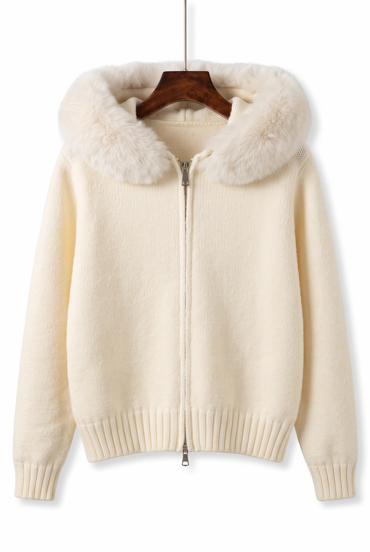 Fox Fur Collar Soft Wool Hooded jacket Top