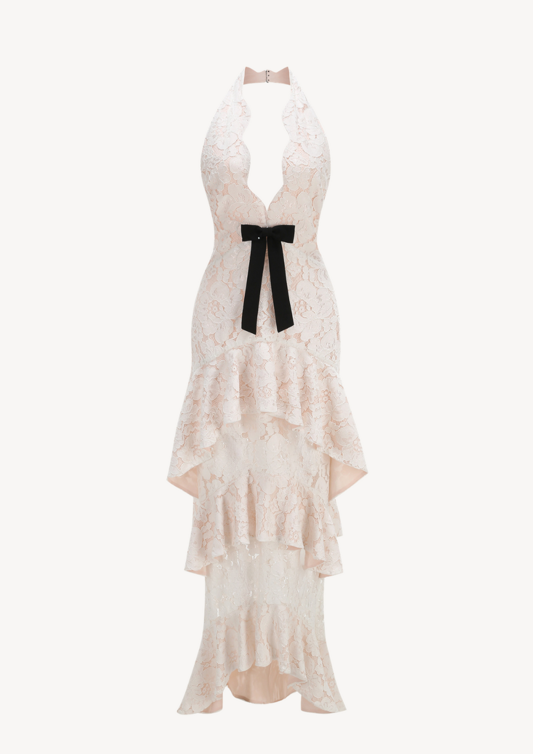 lily Evelina floral lace maxi dress with a plunging halter neckline, cascading ruffles, and a black bow detail.