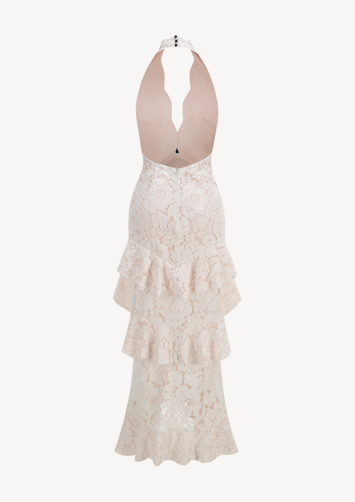 lily Evelina floral lace maxi dress with a plunging halter neckline, cascading ruffles, and a fitted waist.