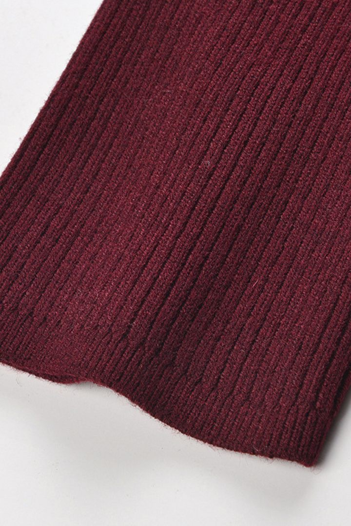 Elegant Burgundy Stud Collar Ribbed Wool Polo Top