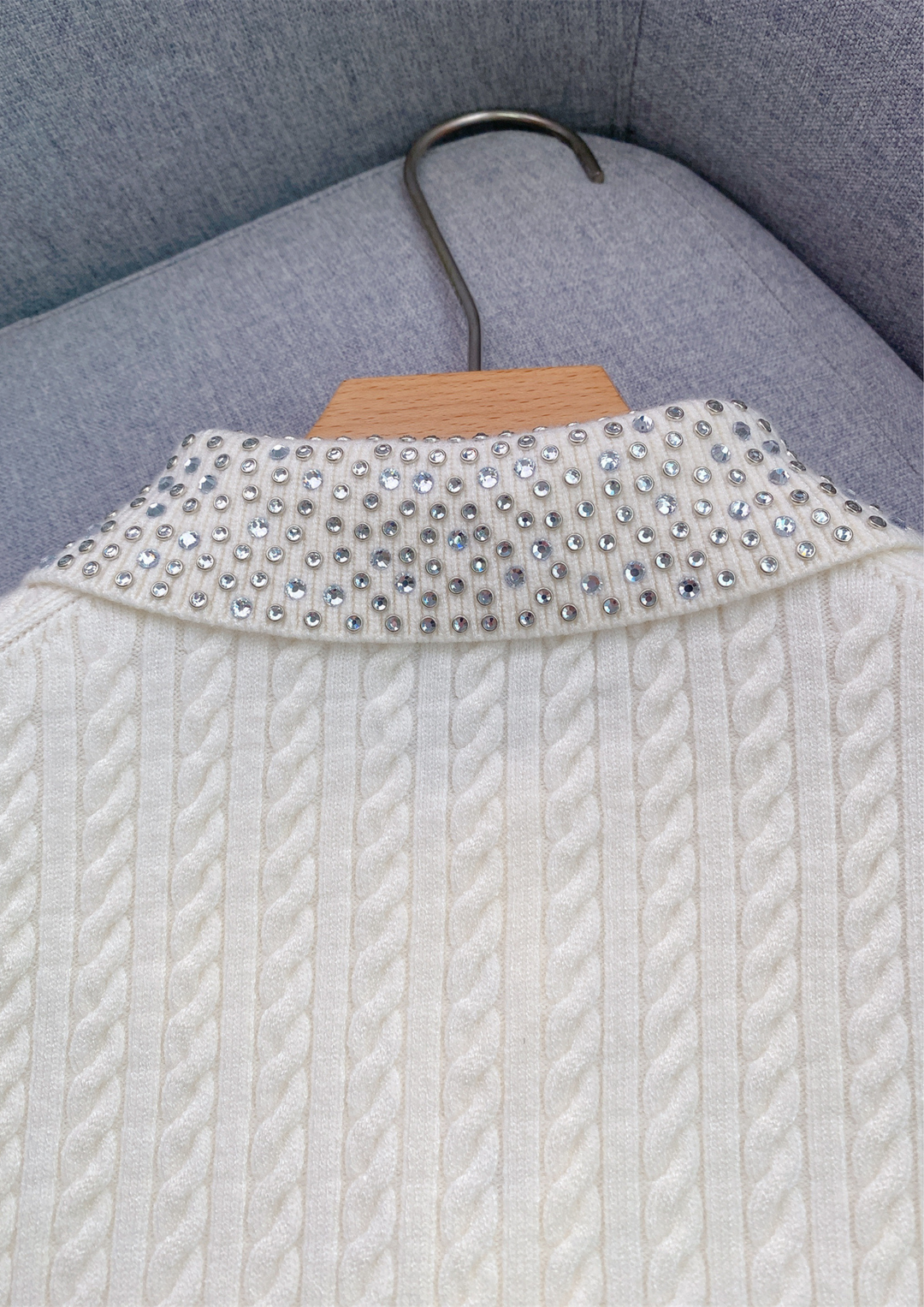 Ivory Wool Crystal Neck Knit Top