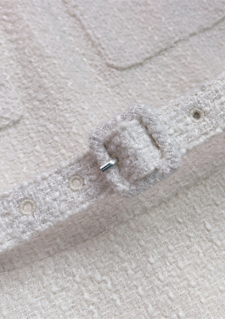 Crystal Bow Elegance Tweed Belted Pleated Maxi Dress