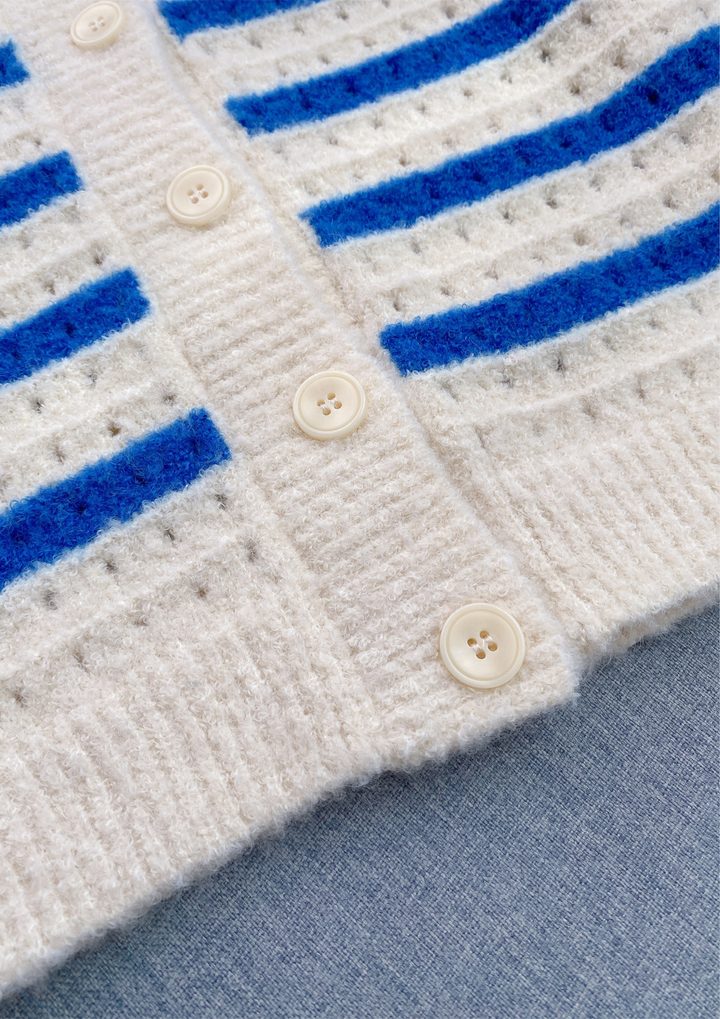 Striped Soft Wool Knit Collared Cardigan