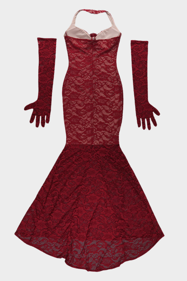 Scarlet Fishtail Elegance Lace Halter Maxi Dress