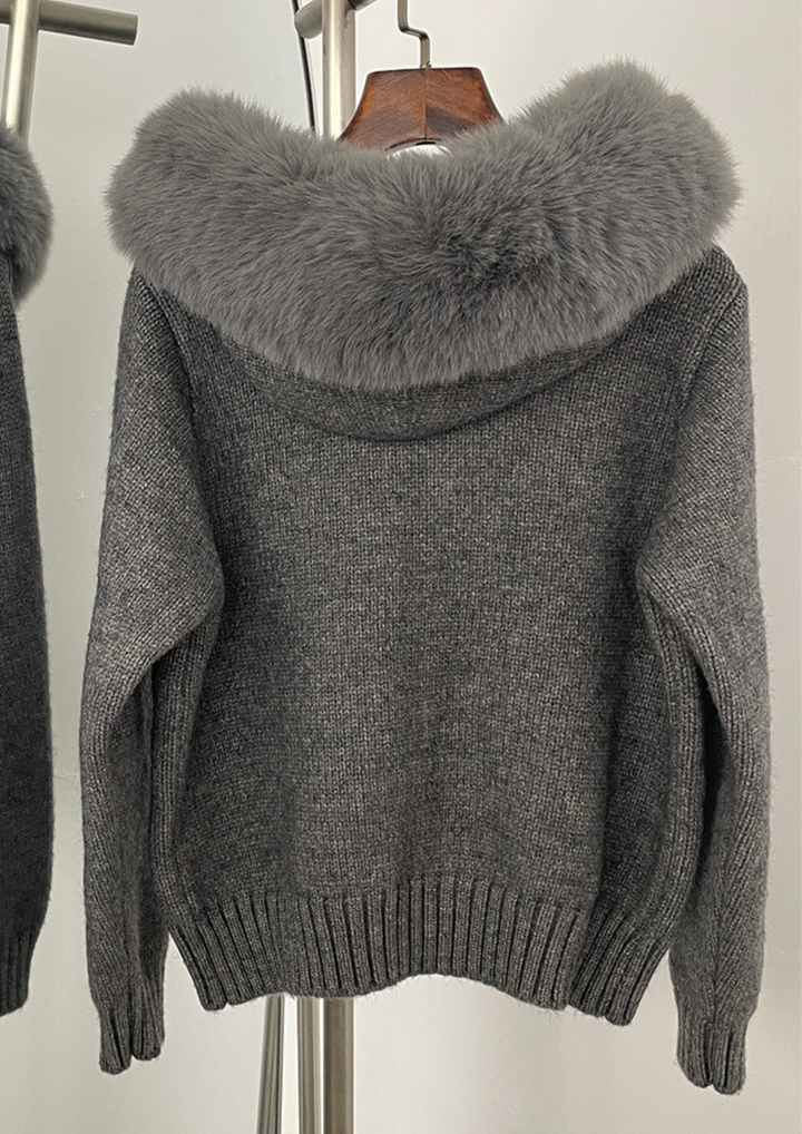 Fox Fur Collar Soft Wool Hooded jacket Top