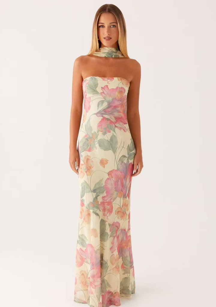 Scarf Neck Strapless Maxi Dress
