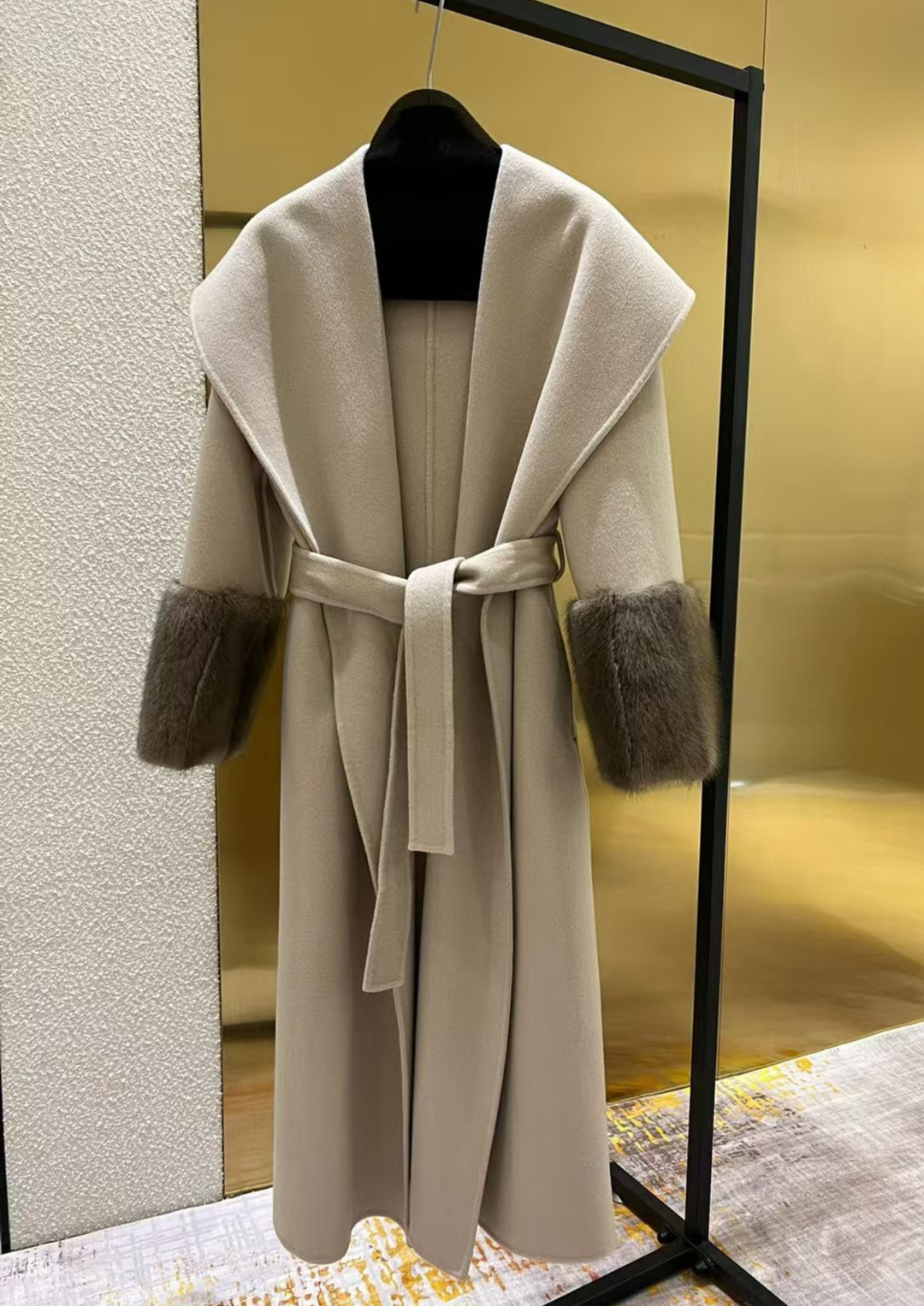 Amara Cashmere Rex Fur Cuff Drape Coat