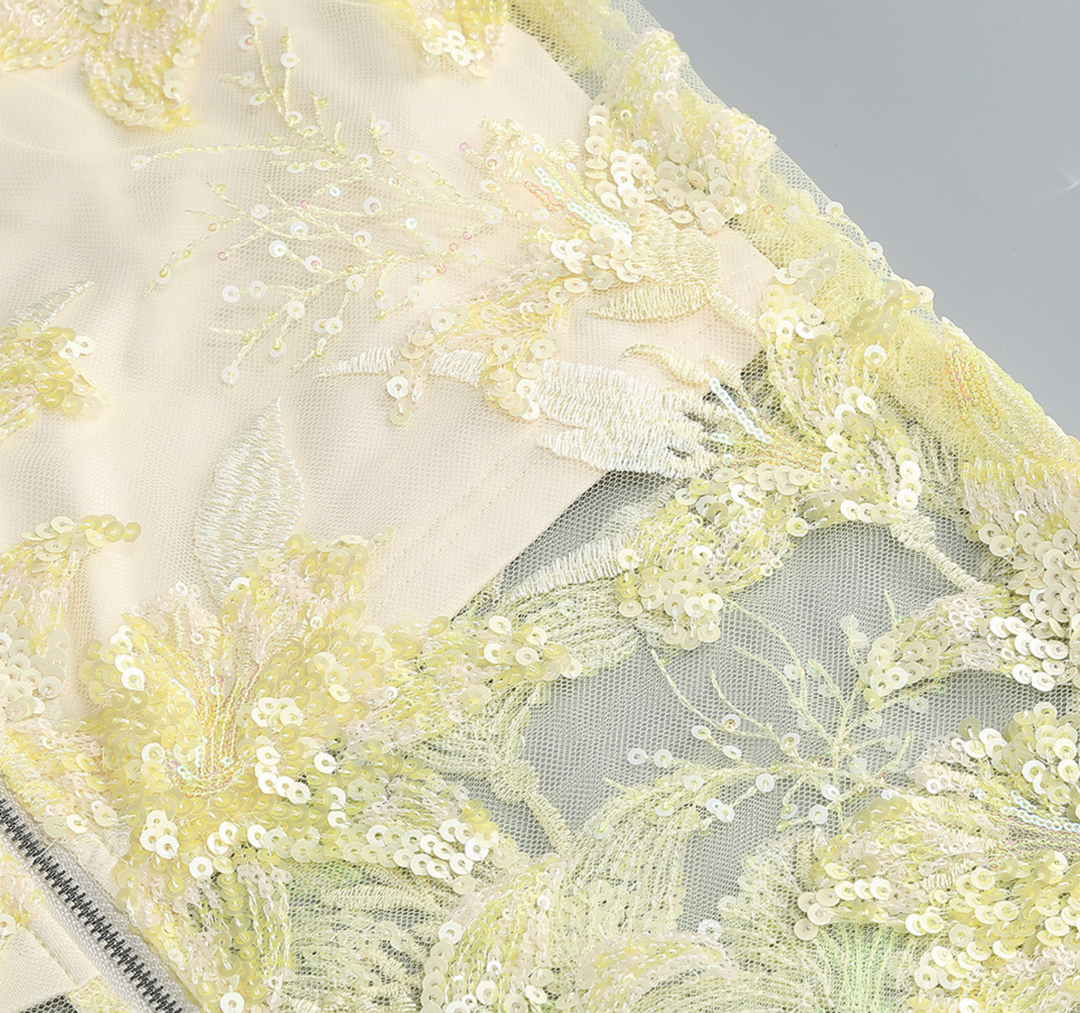 Golden Blossom Embroidered Strapless Gown