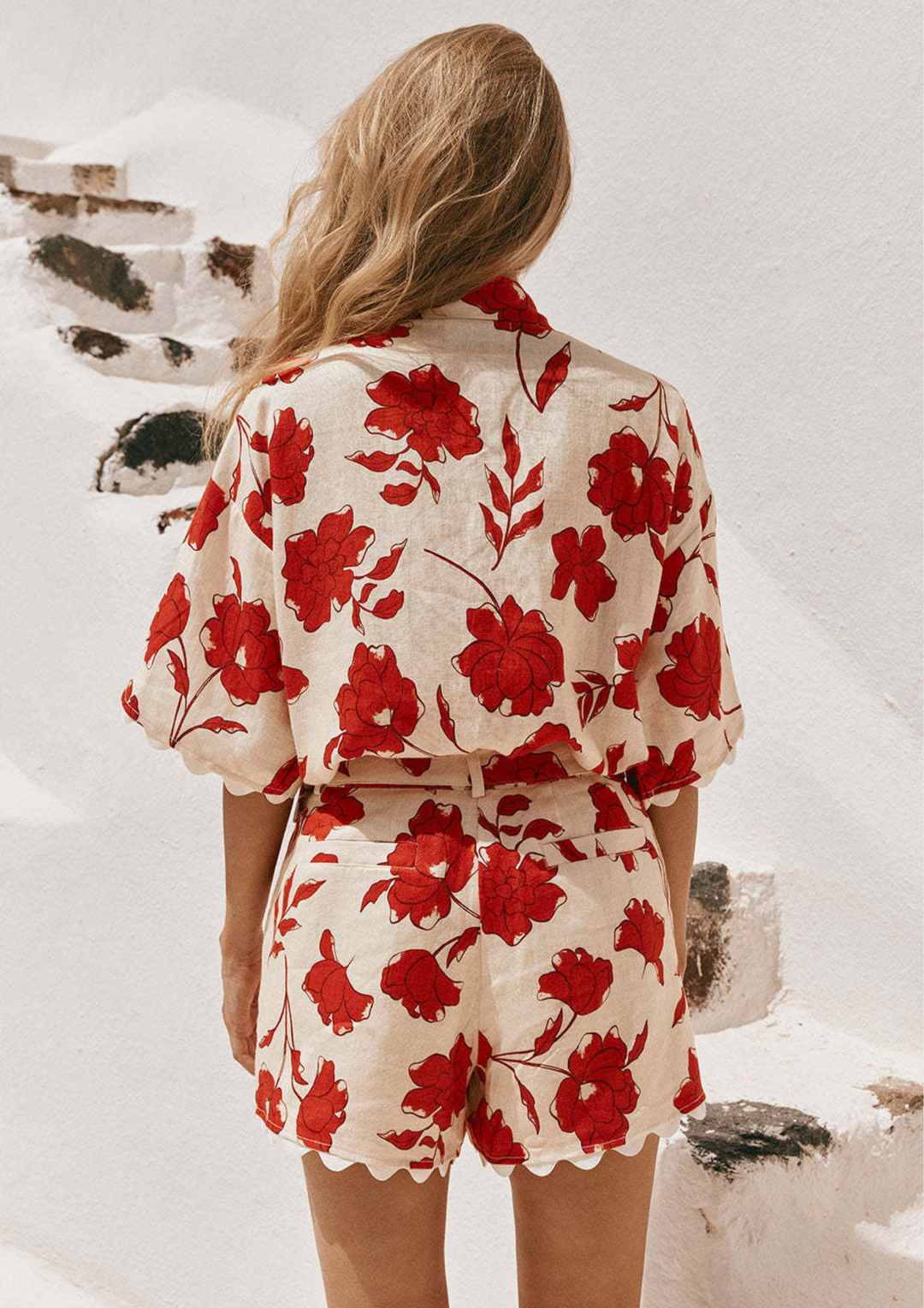 Red Floral Belted Shorts Set