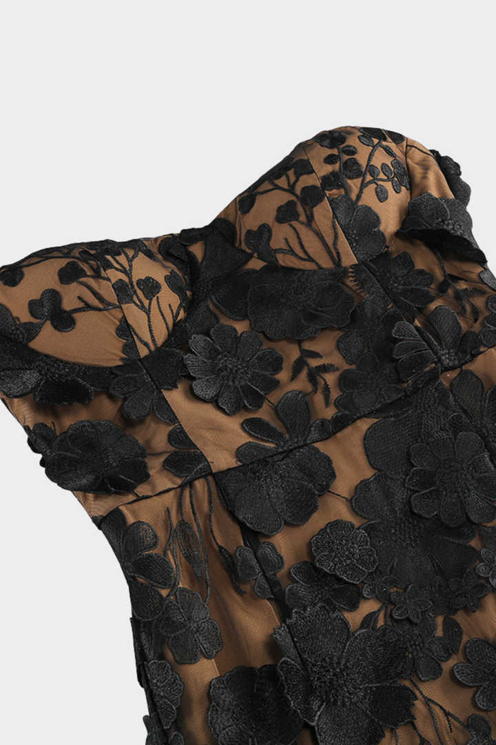 Noir Chic Floral Mesh Maxi Strapless Maxi Dress