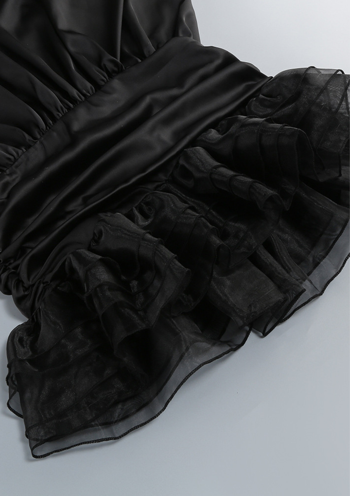 Noir Whisper Backless Ruffle Mini Dress