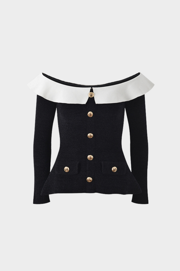 Monochrome Elegant  Ruffle off Shoulder Knit Top