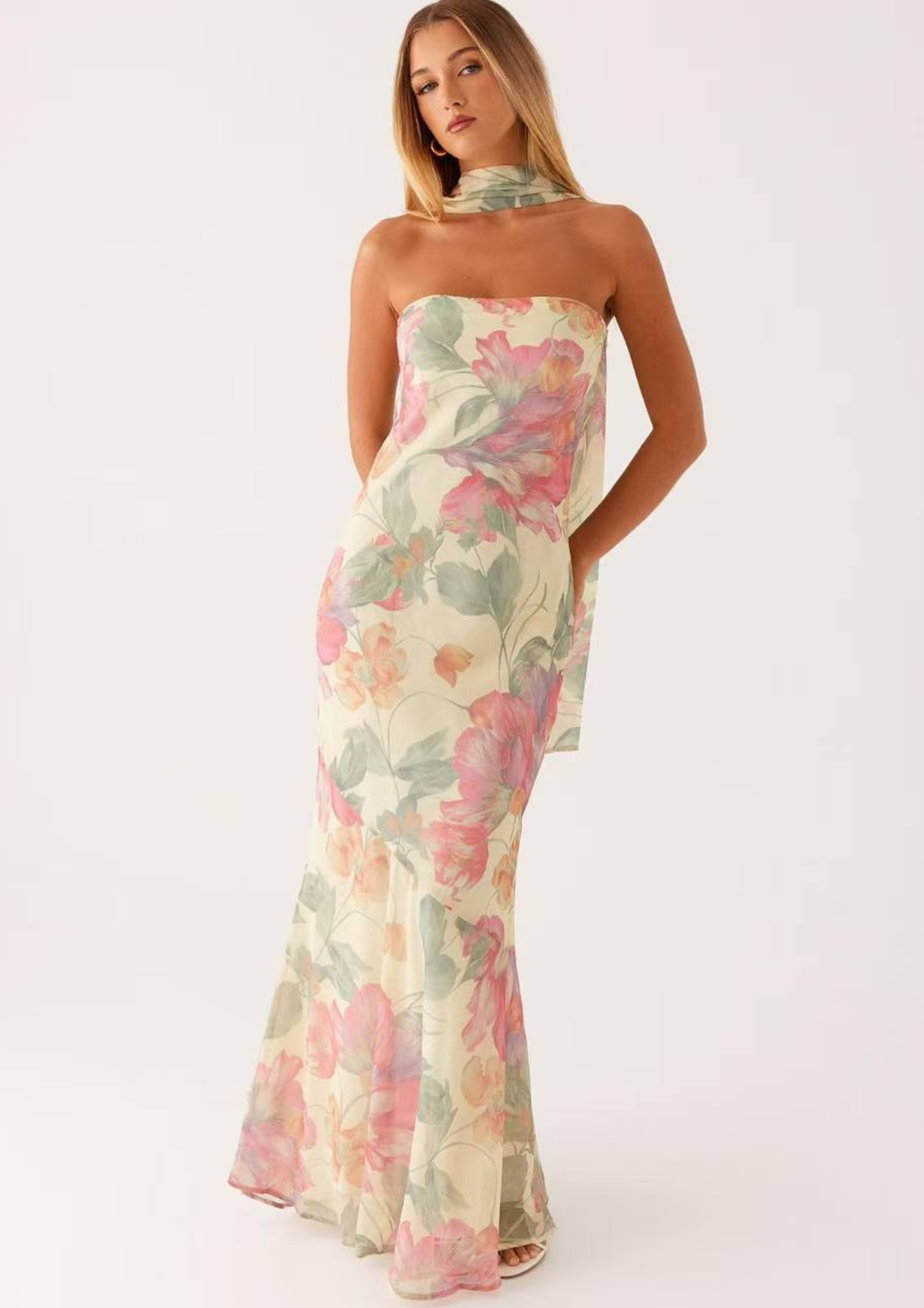 Scarf Neck Strapless Maxi Dress
