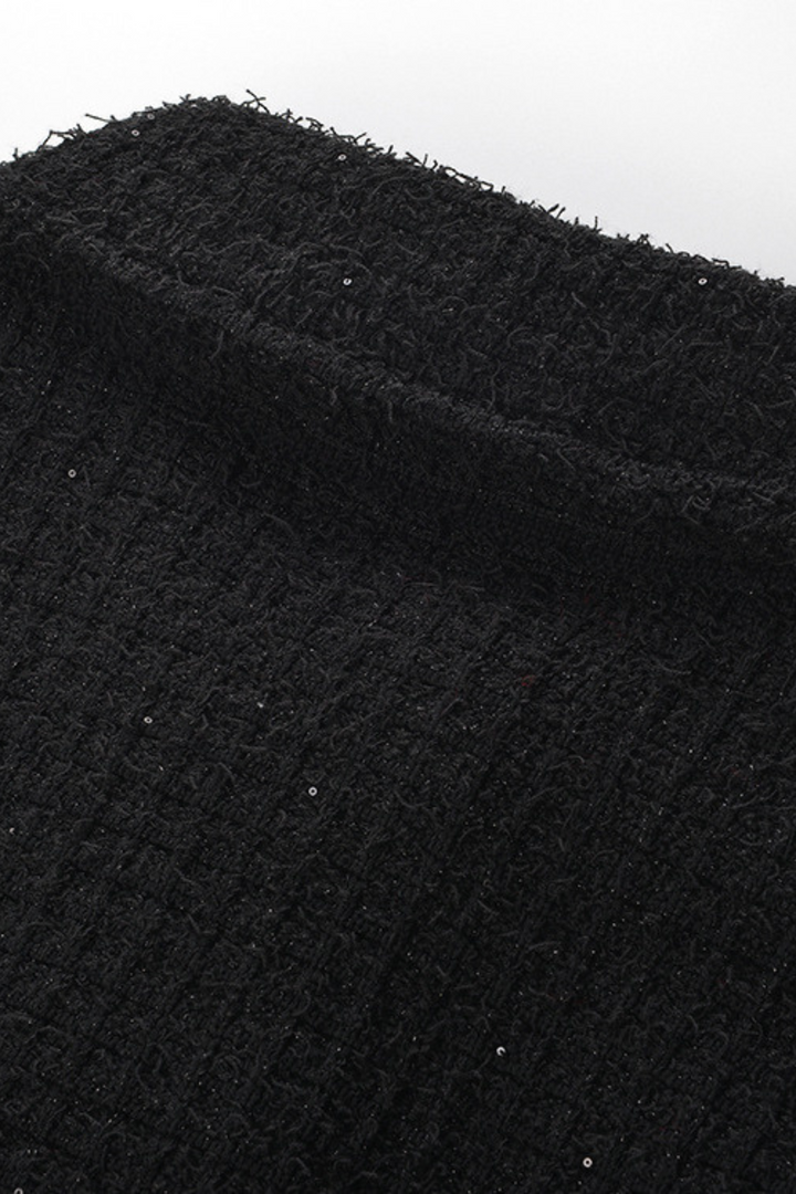 Classic Noir Ruffle Sequin Knit Maxi Dress