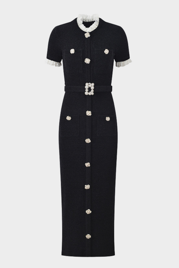 Classic Pearl ButtonViscose Knit Belted Maxi Dress