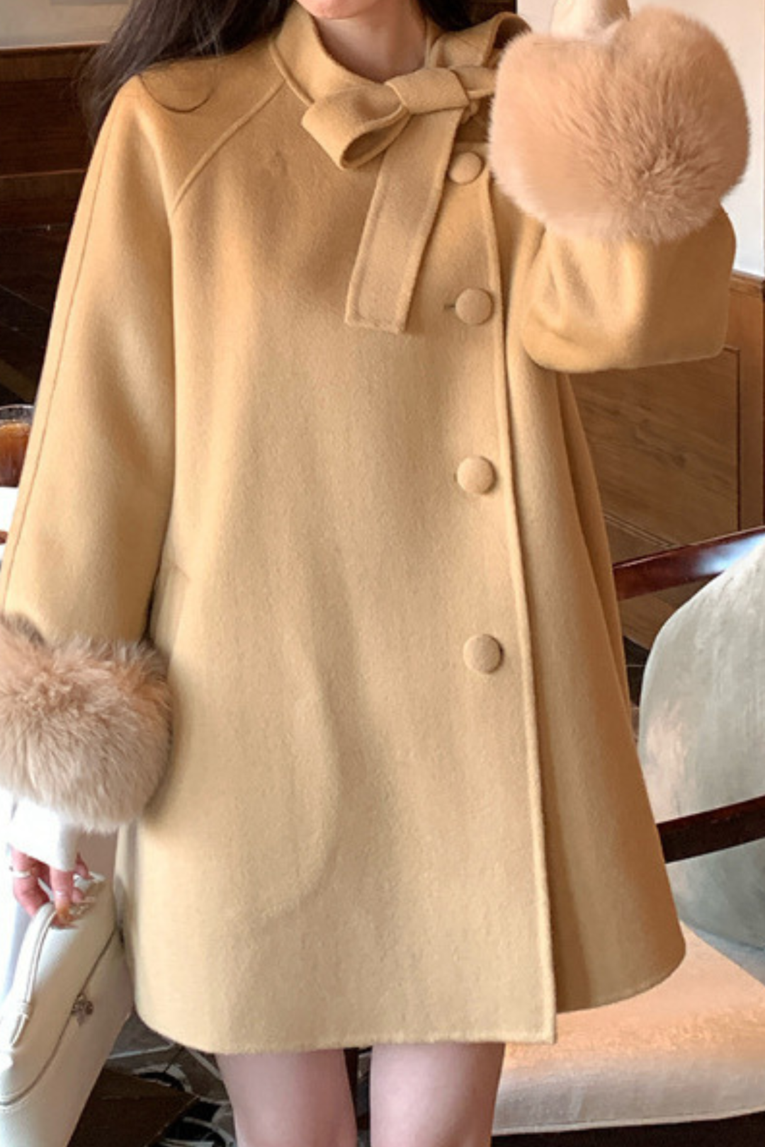 Fox Fur Wool Poncho Bow Statement Cuffs Coat