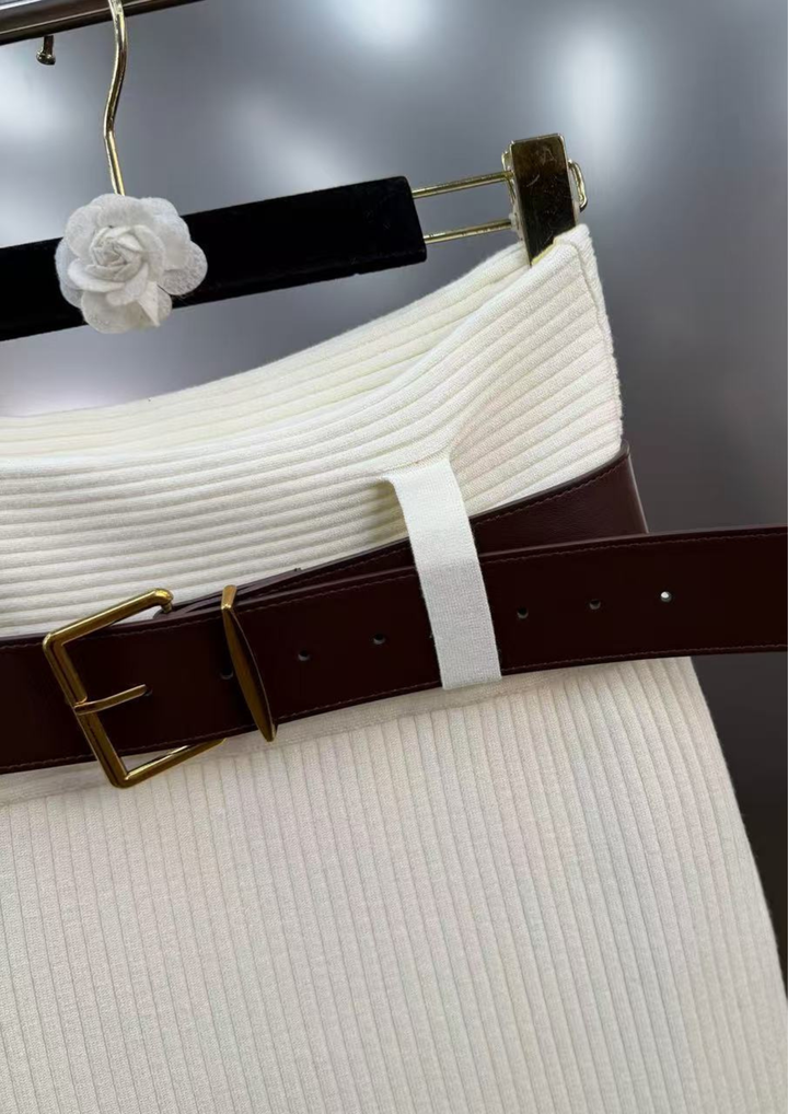 Alina Rib Knit belted Skirt Viscose  Bodysuit Set