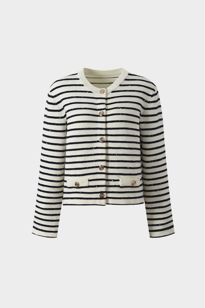 Sequin Contrast Striped Round Neck Viscose Cardigan