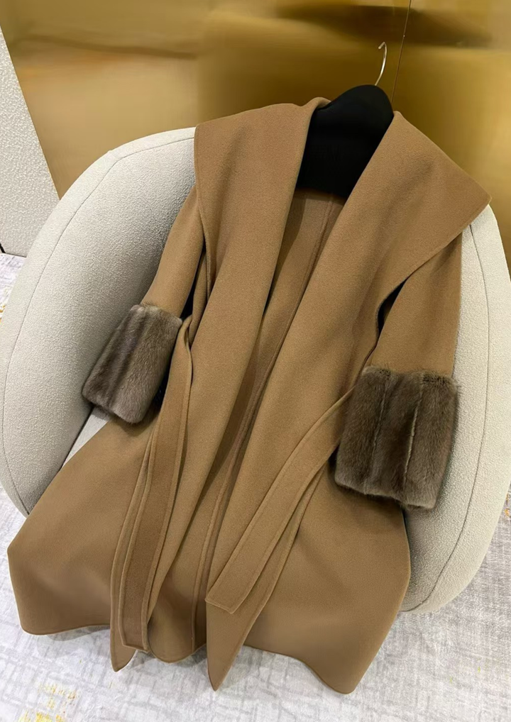 Amara Cashmere Rex Fur Cuff Drape Coat