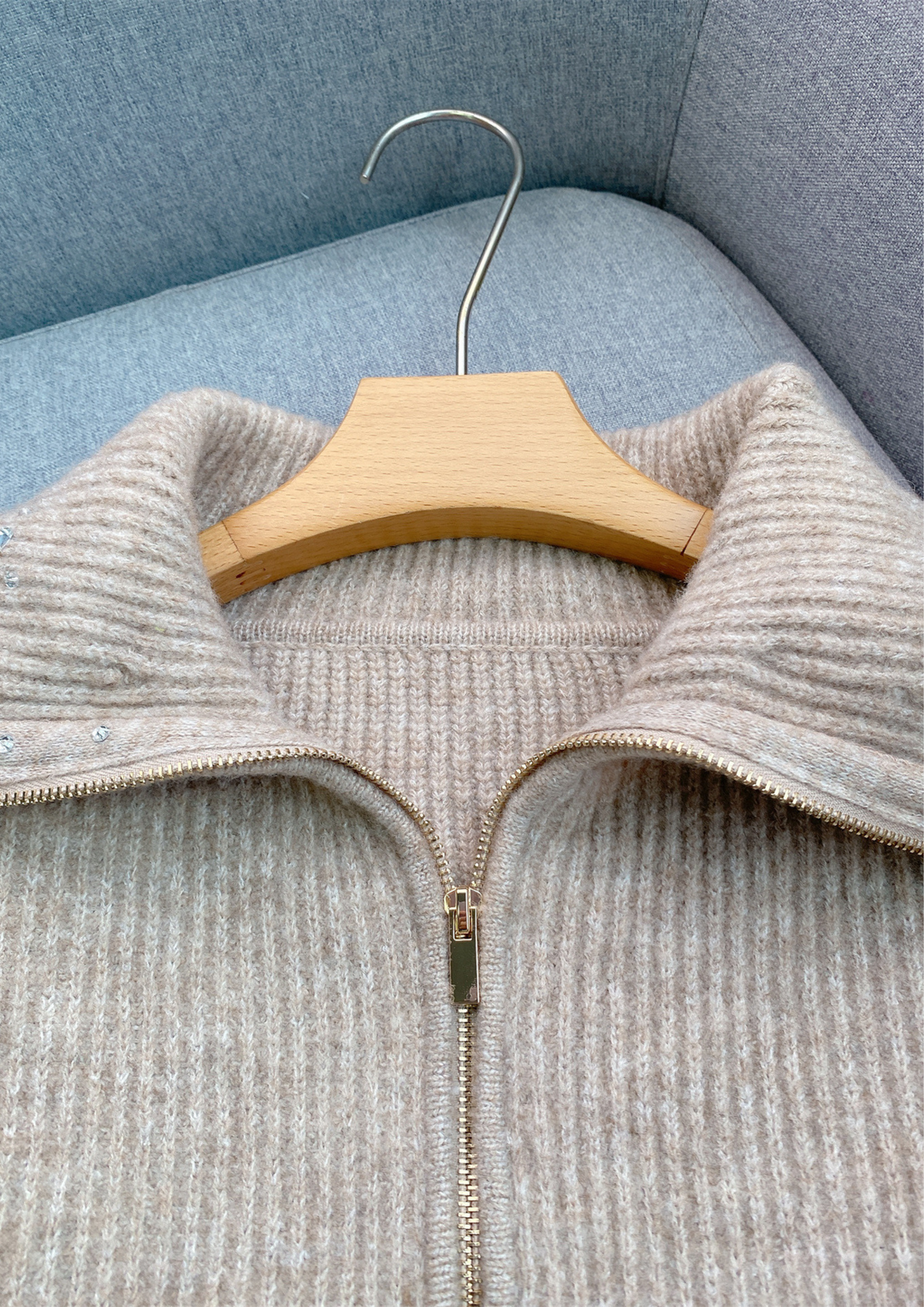 Rhinestone Half Zip Oversized Collar Knit Top