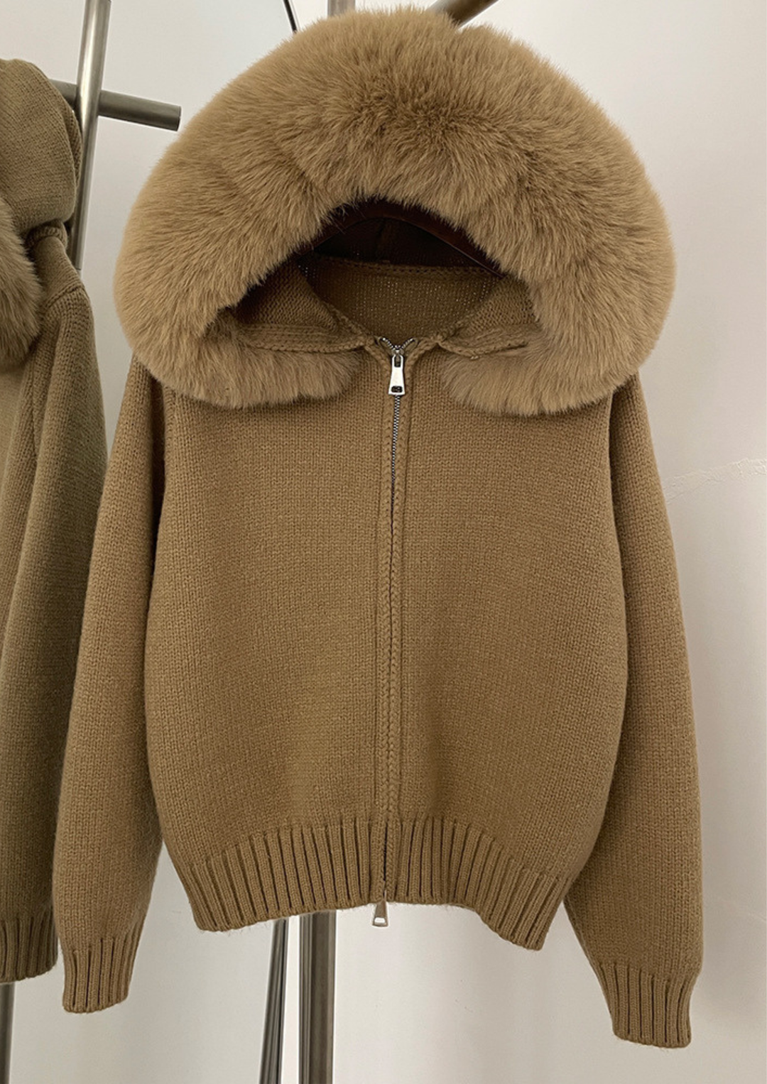 Fox Fur Collar Soft Wool Hooded jacket Top