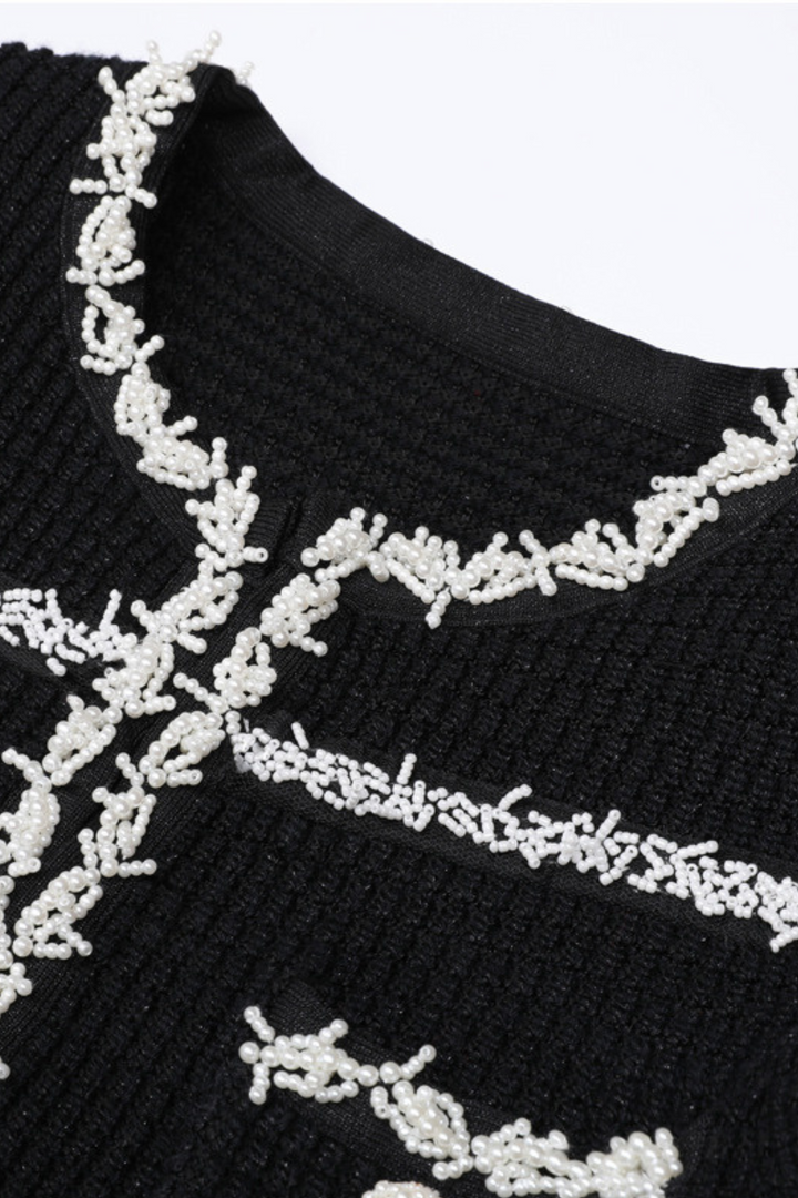 Opulent Pearl Trim Viscose Knit Flare Elegance Maxi Dress