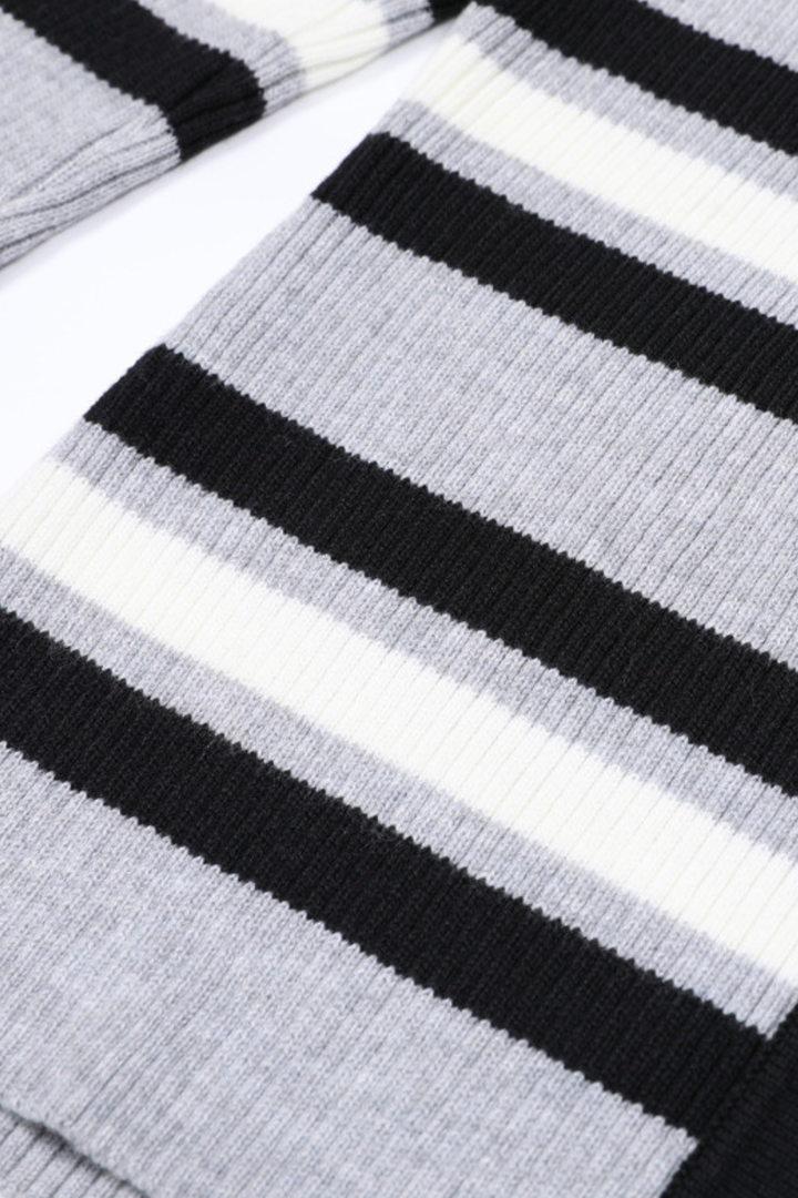 Flared Cuff Striped Knit Pearl Buttoned  Top