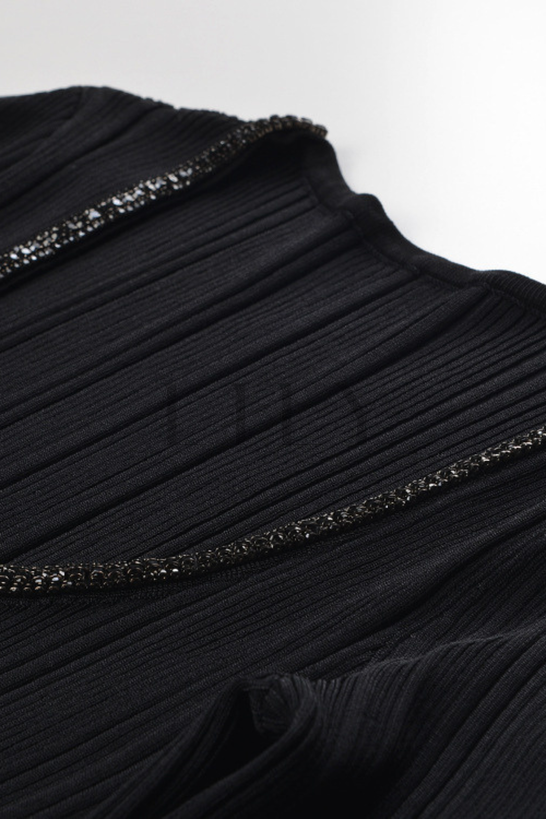 Crystal Trim U-Neck Ribbed Wool Top