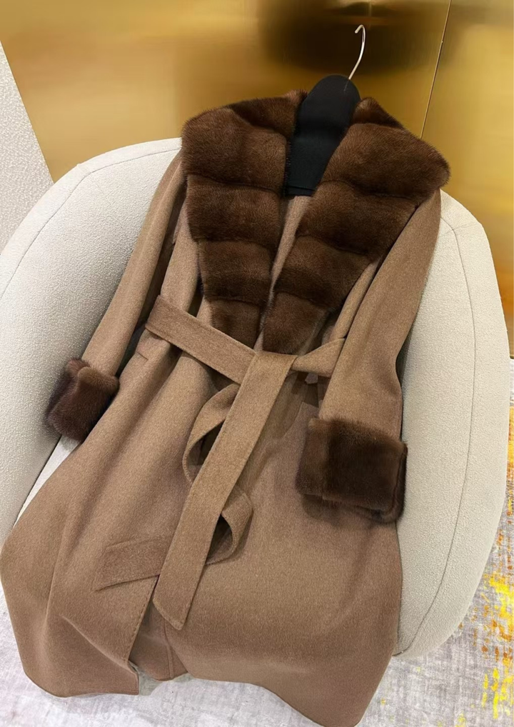 Cashmere Deep V Mink Shawl Collar Coat