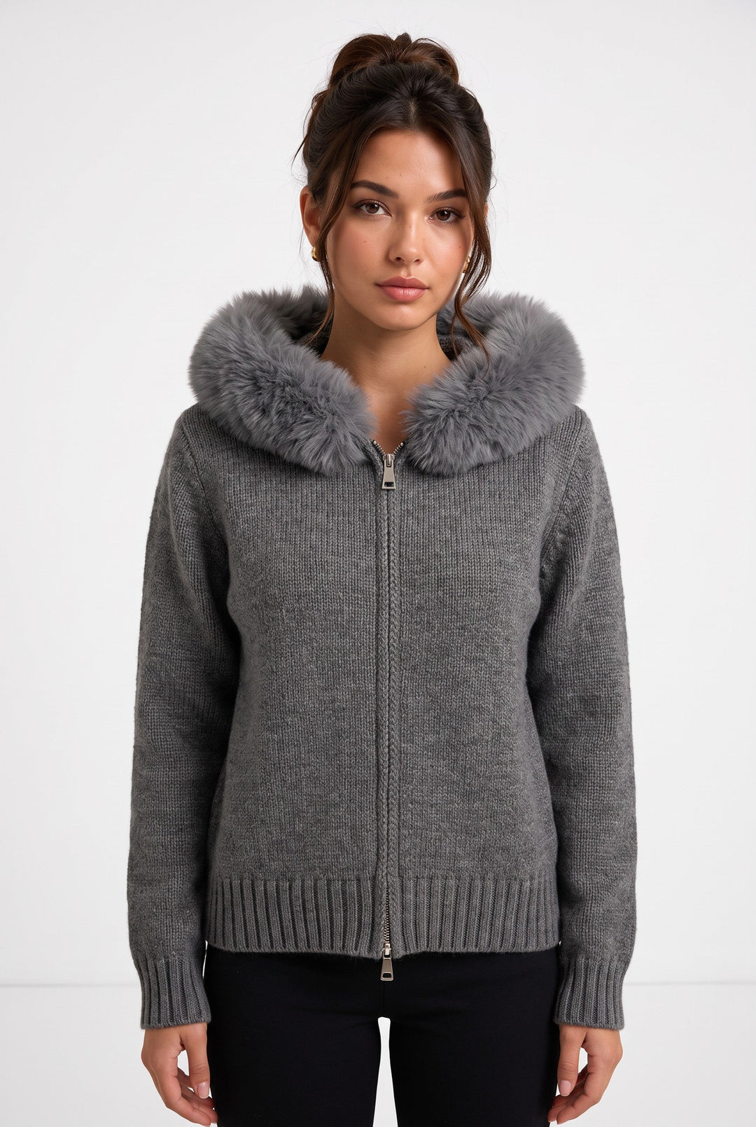 Fox Fur Collar Soft Wool Hooded jacket Top