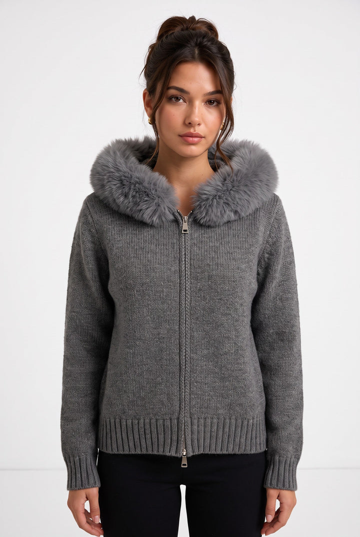 Fox Fur Collar Soft Wool Hooded jacket Top