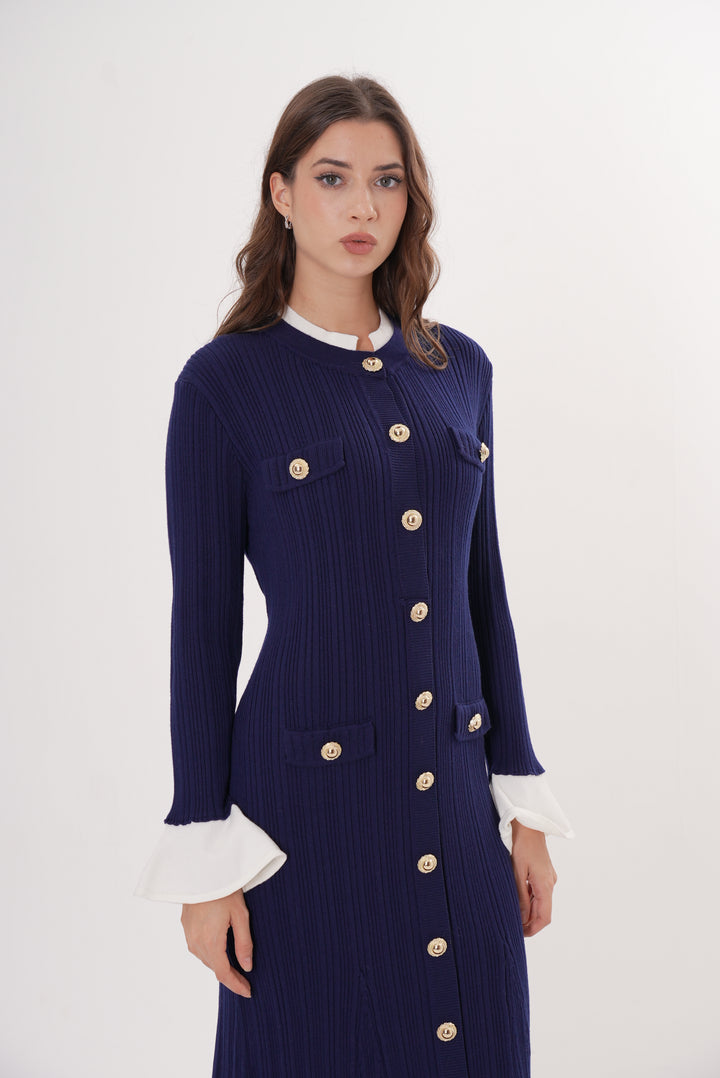 Majestic Knit Contrast Cuffs Sculpted Waist  Maxi Dress