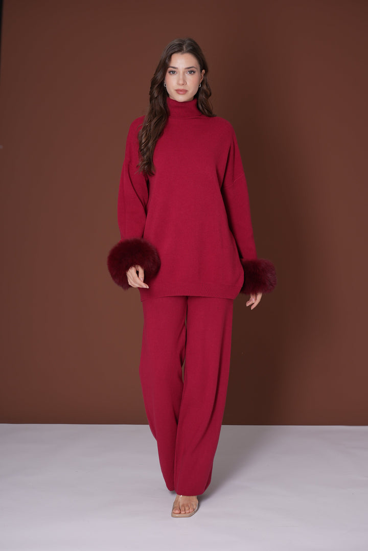 Ivy Real Fox Fur Turtleneck Knit Lounge Set