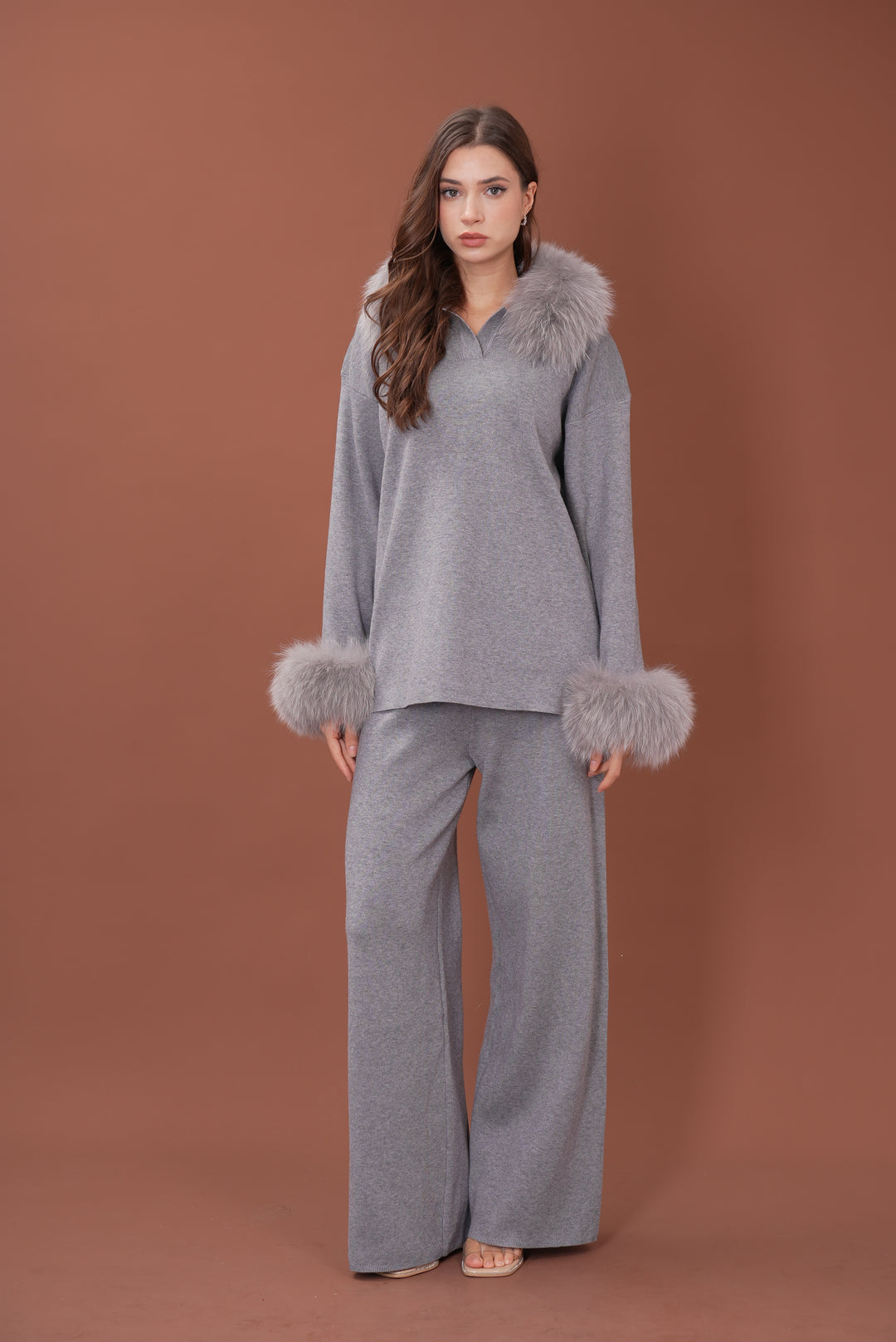 Velora Real Fox Fur Knit Lounge Set - Removable Fur Cuff & Neck