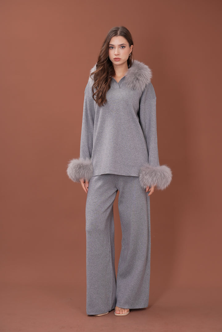 Velora Real Fox Fur Knit Lounge Set - Removable Fur Cuff & Neck