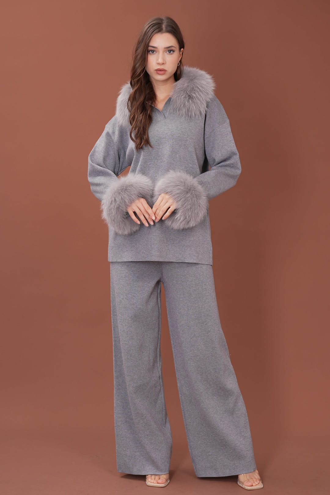Velora Real Fox Fur Knit Lounge Set - Removable Fur Cuff & Neck