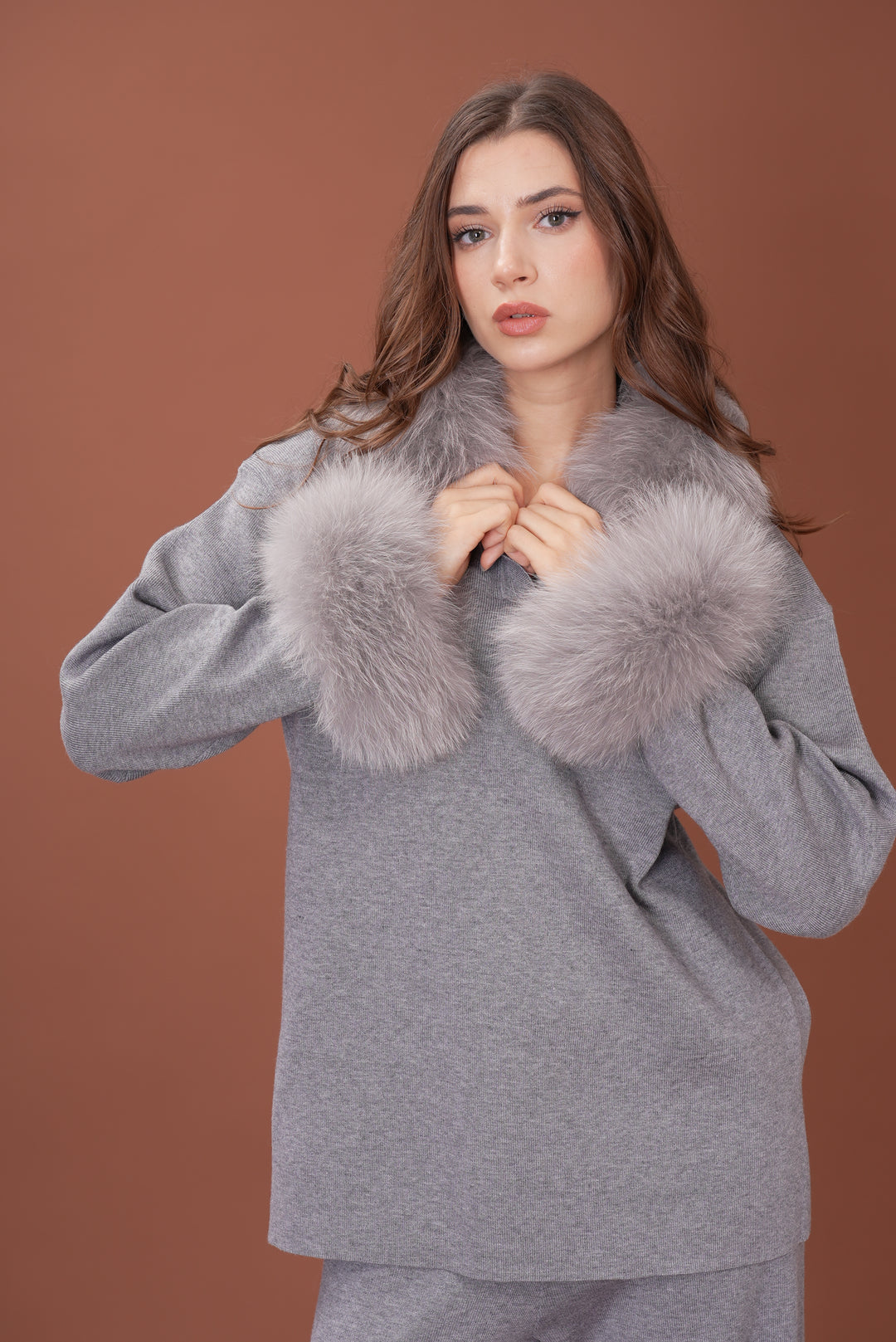 Velora Real Fox Fur Knit Lounge Set - Removable Fur Cuff & Neck