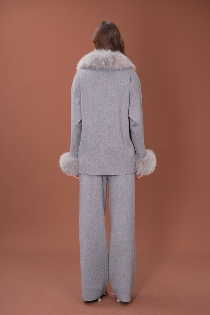 Velora Real Fox Fur Knit Lounge Set - Removable Fur Cuff & Neck
