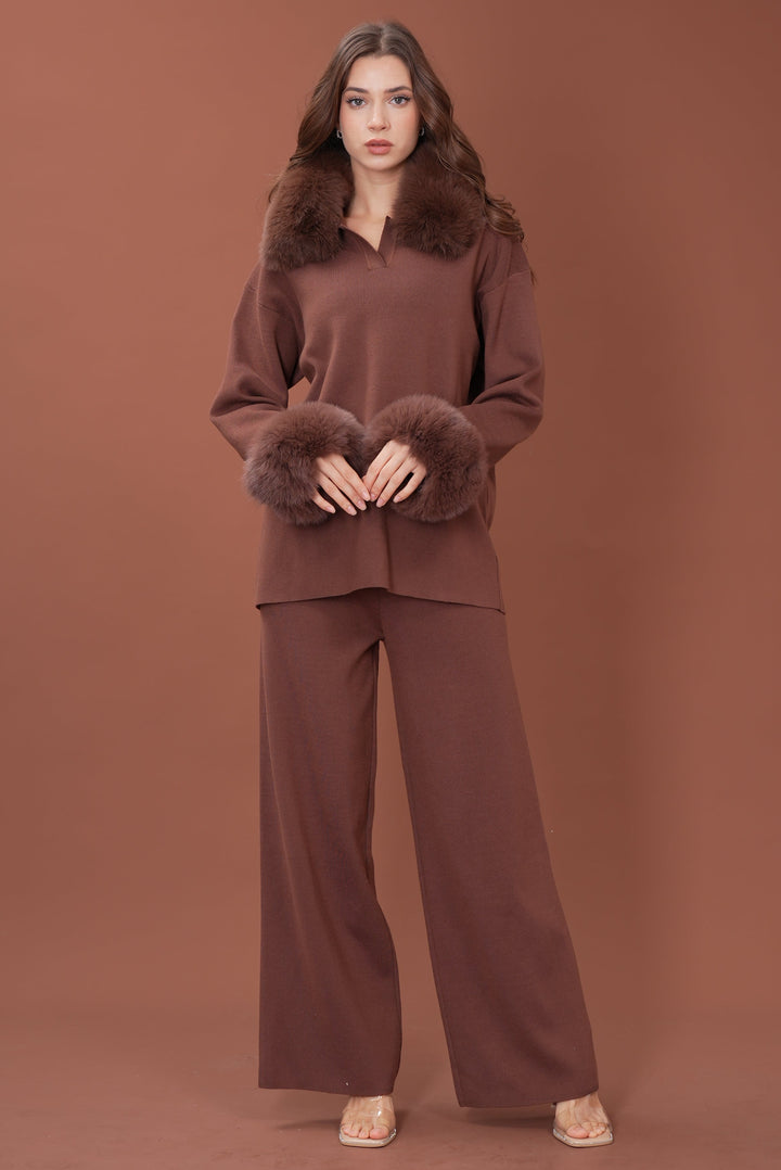 Velora Real Fox Fur Knit Lounge Set - Removable Fur Cuff & Neck
