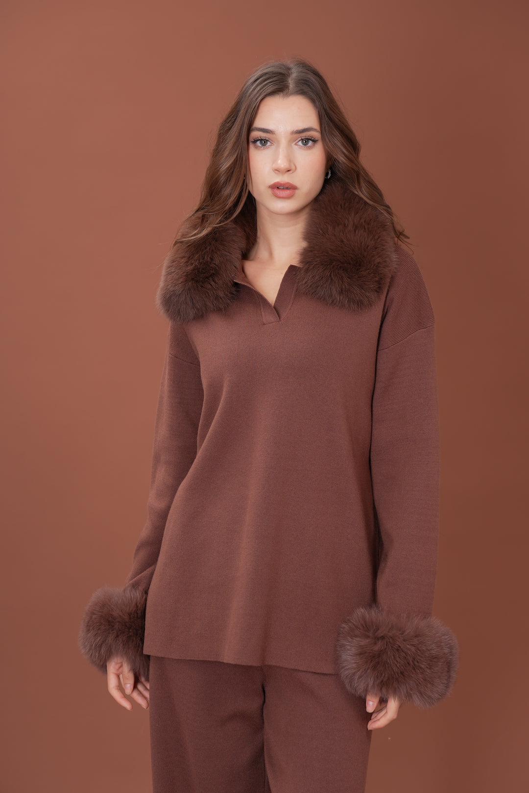 Velora Real Fox Fur Knit Lounge Set - Removable Fur Cuff & Neck