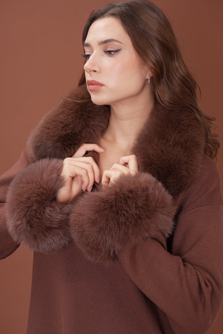 Velora Real Fox Fur Knit Lounge Set - Removable Fur Cuff & Neck